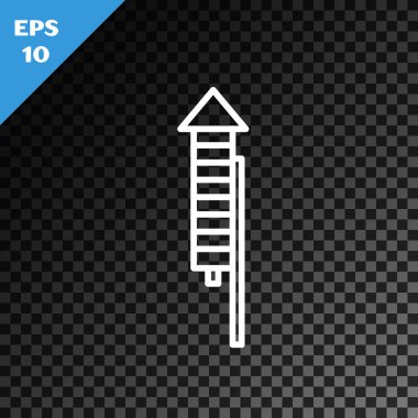 Beyaz çizgi Firework roket ikonu, şeffaf koyu arkaplanda izole edildi. Eğlence partisi anlayışı. Patlayıcı havai fişek sembolü. Vektör İllüstrasyonu