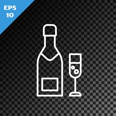 Beyaz çizgili şampanya şişesi ve şeffaf koyu arkaplanda izole edilmiş bir bardak şampanya ikonu. Mutlu Noeller ve mutlu yıllar. Vektör İllüstrasyonu