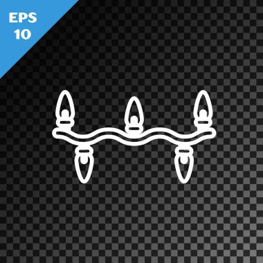 Beyaz çizgi Noel ışıkları simgesi, şeffaf koyu arkaplanda izole edilmiş. Mutlu Noeller ve mutlu yıllar. Vektör İllüstrasyonu