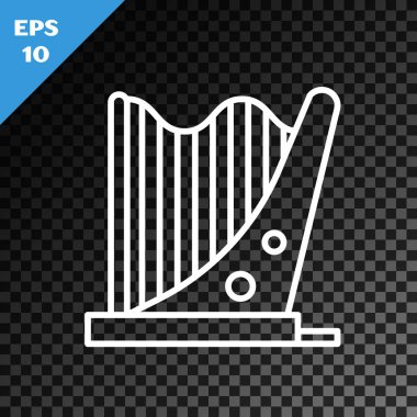 Beyaz çizgi harp simgesi şeffaf koyu arkaplanda izole edildi. Klasik müzik enstrümanı, orkestra akustik elementi. Vektör İllüstrasyonu