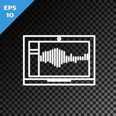 Beyaz çizgi Sound ya da ses kaydedici ya da dizüstü bilgisayar simgesindeki düzenleyici yazılım şeffaf koyu arkaplanda izole edildi. Vektör İllüstrasyonu
