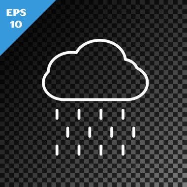 Beyaz çizgi Bulutu, saydam koyu arkaplanda izole edilmiş yağmur ikonu. Yağmur damlaları ile yağmur bulutu yağışı. Vektör İllüstrasyonu