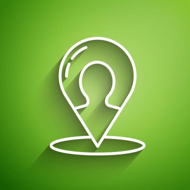 Yeşil arkaplanda izole edilmiş bir insan simgesinin silüeti olan beyaz çizgi haritası. GPS konum sembolü. Vektör İllüstrasyonu