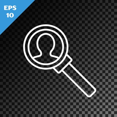 Arama simgesi için beyaz çizgi büyüteç şeffaf koyu arkaplanda izole edilmiş. İşe alım ya da seçim konsepti. Çalışanları ve işi ara. Vektör İllüstrasyonu