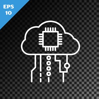 Şeffaf karanlık arkaplanda izole edilmiş şeylerin beyaz çizgi interneti. Bulut hesaplama tasarım konsepti. Dijital ağ bağlantısı. Vektör İllüstrasyonu