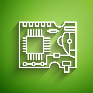 Beyaz çizgi yazdırılmış Pcb simgesi yeşil arkaplanda izole edildi. Vektör İllüstrasyonu