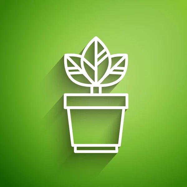 Linha branca Flores no ícone do pote isolado no fundo verde. Planta crescendo em um pote. Planta em vaso. Ilustração vetorial — Vetor de Stock