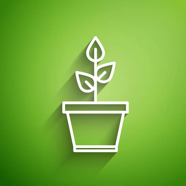 Linha branca Planta no ícone do pote isolado no fundo verde. Planta crescendo em um pote. Planta em vaso. Ilustração vetorial — Vetor de Stock