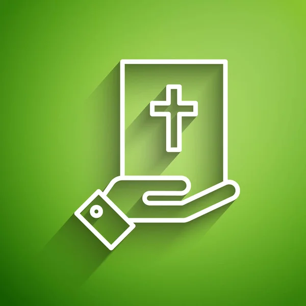 Yeşil arka planda izole edilmiş İncil ikonu üzerine beyaz çizgi yemini. Mahkemedeki prosedür. Gerçek ve gerçek. Tanrı huzurunda söz ver. Vektör İllüstrasyonu — Stok Vektör