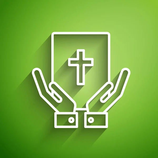 White line Oath on the Holy Bible icon isolated on green background. The procedure in court. Truth and truth. Promise before god. Vector Illustration — Stock Vector