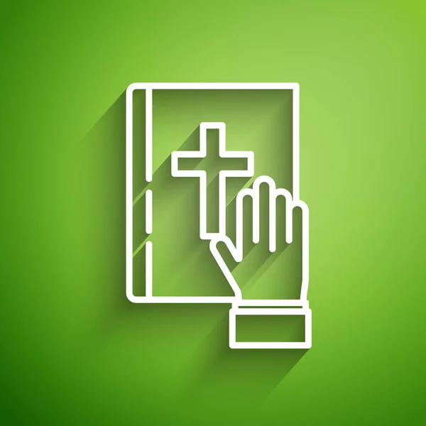 Yeşil arka planda izole edilmiş İncil ikonu üzerine beyaz çizgi yemini. Mahkemedeki prosedür. Gerçek ve gerçek. Tanrı huzurunda söz ver. Vektör İllüstrasyonu — Stok Vektör