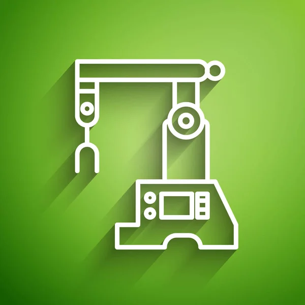 Vit linje monteringslinje ikon isolerad på grön bakgrund. Automatisk produktionstransportör. Robotindustrins koncept. Vektor Illustration — Stock vektor