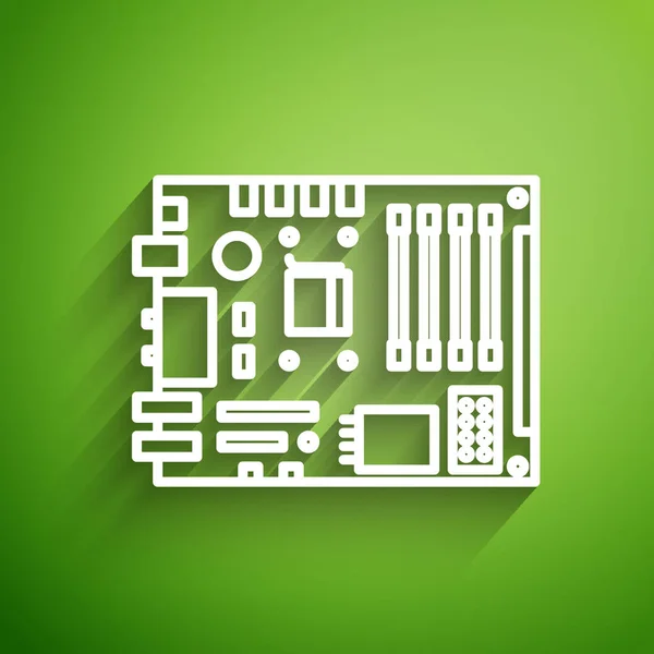 Ligne blanche Composants informatiques électroniques puce numérique carte mère icône scientifique intégrée isolé sur fond vert. Circuit. Illustration vectorielle — Image vectorielle