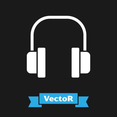 Siyah arkaplanda beyaz kulaklık simgesi var. Kulaklıklar. Müzik, hizmet, iletişim ve operatör konsepti. Vektör İllüstrasyonu