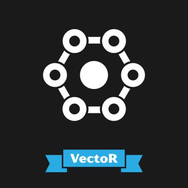 Beyaz Kimyasal Formül simgesi siyah arkaplanda izole edildi. Yenilikçi tıp, sağlık, araştırma ve bilim için soyut altıgen. Vektör İllüstrasyonu