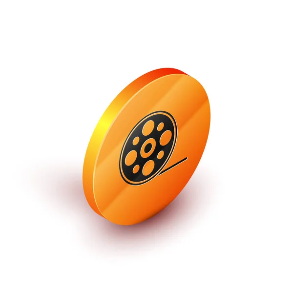 Ícone de bobina de filme isométrico isolado em fundo branco. Botão laranja círculo. Ilustração vetorial — Vetor de Stock