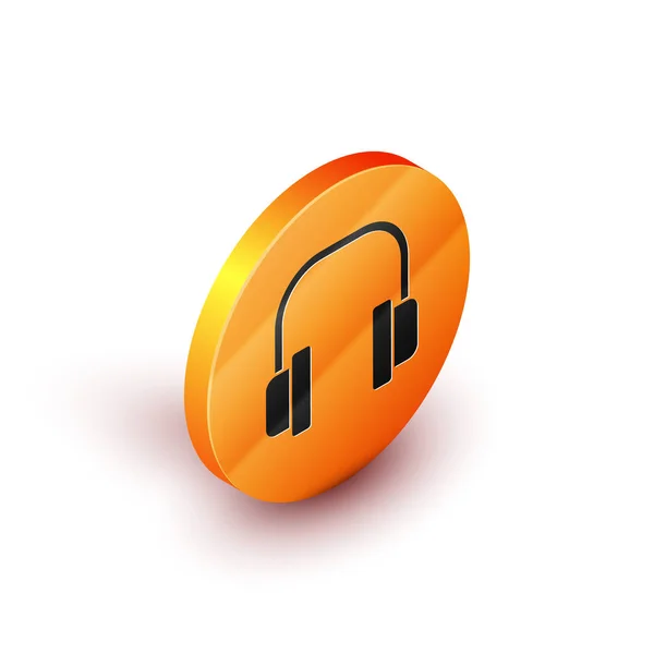 Isometrisches Kopfhörersymbol isoliert auf weißem Hintergrund. Kopfhörer. Konzept zum Hören von Musik, Service, Kommunikation und Bedienung. orange Kreis-Taste. Vektorillustration — Stockvektor