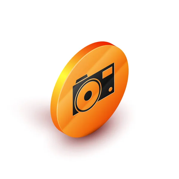 Izometryczna ikona aparatu fotograficznego na białym tle. Ikona kamery foto. Pomarańczowy przycisk koła. Ilustracja wektorowa — Wektor stockowy