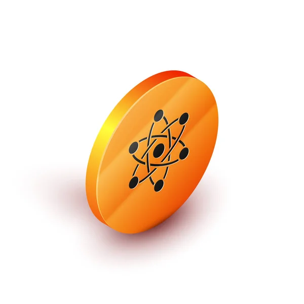 在白色背景上孤立的等距原子图标。科学、教育、核物理学、科学研究的象征。橙色圆形按钮。病媒图解 — 图库矢量图片
