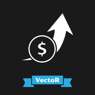 Beyaz Finansal büyüme ve madeni para simgesi siyah arka planda izole edilmiş. Gelirleri arttırıyorum. Vektör İllüstrasyonu