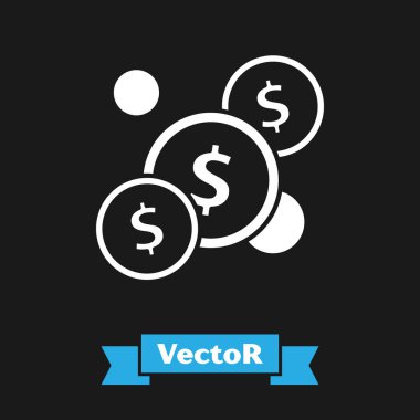 Siyah arkaplanda dolar sembolü olan beyaz sikke parası. Bankacılık işareti. Para sembolü. Vektör İllüstrasyonu