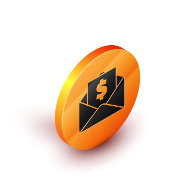 Beyaz zemin üzerinde madeni para sembolü olan Isometric Zarf. Maaş zammı, maaş bordrosu, tazminat geliri. Turuncu daire düğmesi. Vektör İllüstrasyonu