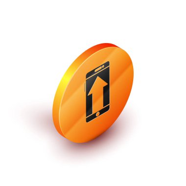 Isometric Smartphone, beyaz arkaplanda izole edilmiş bir cep telefonu simgesi. Turuncu daire düğmesi. Vektör İllüstrasyonu