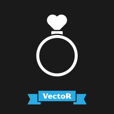 Beyaz alyans simgesi siyah arkaplanda izole edilmiş. Gelin ve damat mücevher tabelası. Evlilik sembolü. Elmas yüzük. Vektör İllüstrasyonu