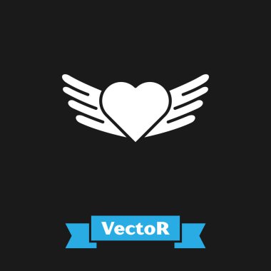 Siyah zemin üzerinde izole edilmiş kanat simgesi olan beyaz kalp. Aşk sembolü. Sevgililer Günü. Vektör İllüstrasyonu