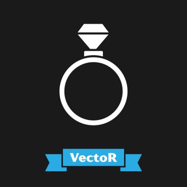 Beyaz alyans simgesi siyah arkaplanda izole edilmiş. Gelin ve damat mücevher tabelası. Evlilik sembolü. Elmas yüzük. Vektör İllüstrasyonu