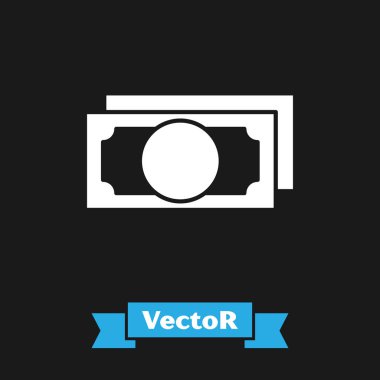 White Stacks kağıt para ikonu siyah arka planda izole. Para desteleri. Para birimi. Vektör İllüstrasyonu