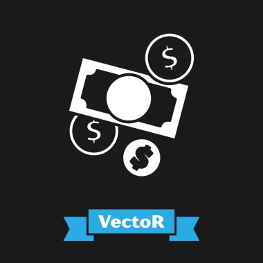 Beyaz Yığınlar kağıt para nakit ve dolar sembolü simgesiyle siyah arka planda izole para. Para desteleri. Vektör İllüstrasyonu