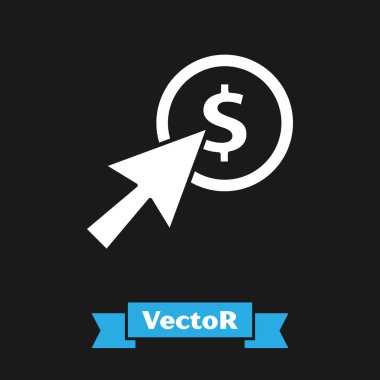 Siyah arkaplanda beyaz imleç ve madeni para simgesi izole edildi. Dolar ya da Usd sembolü. Nakit bankacılık tabelası. Vektör İllüstrasyonu