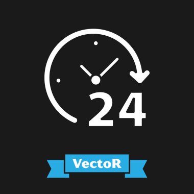 Beyaz Saat 24 saat simgesi siyah arkaplanda izole edildi. Tüm gün döngü simgesi. 24 saat hizmet sembolü. Vektör İllüstrasyonu