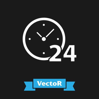 Beyaz Saat 24 saat simgesi siyah arkaplanda izole edildi. Tüm gün döngü simgesi. 24 saat hizmet sembolü. Vektör İllüstrasyonu