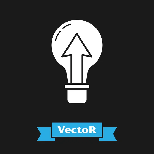 Icono de bombilla blanca aislado sobre fondo negro. Símbolo de energía e idea. Lámpara eléctrica. Ilustración vectorial — Vector de stock