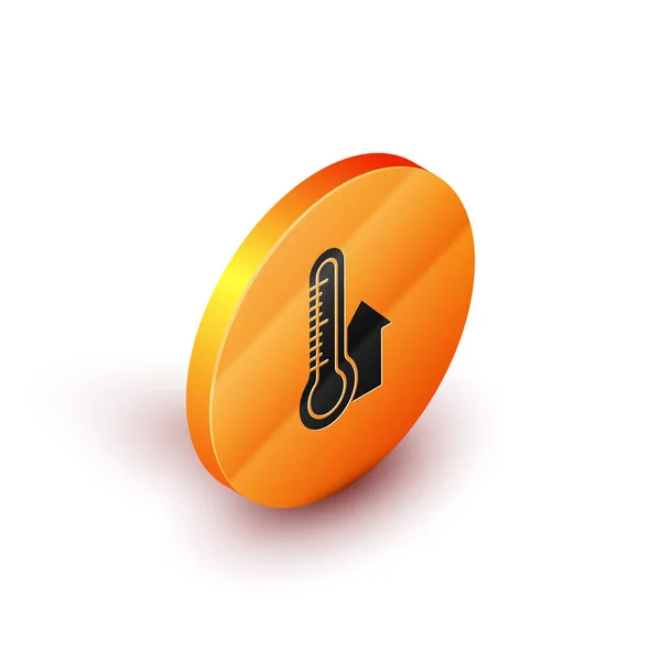 Isometric Meteorology thermometer measuring icon isolated on white background. Thermometer equipment showing hot or cold weather. Orange circle button. Vector Illustration — 스톡 벡터