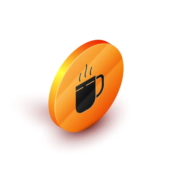 Icono de taza de café isométrico aislado sobre fondo blanco. Taza de té. Café caliente. Botón círculo naranja. Ilustración vectorial — Archivo Imágenes Vectoriales