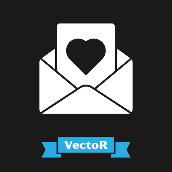 Sobres blancos con icono del corazón de San Valentín aislado sobre fondo negro. Mensaje amor. Carta de amor y romance. Ilustración vectorial — Vector de stock