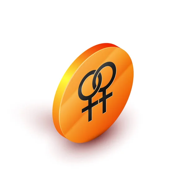 Isometrische vrouwelijke geslachts symbool pictogram geïsoleerd op witte achtergrond. Symbool Venus. Het symbool voor een vrouwelijk organisme of vrouw. Oranje cirkel knop. Vector illustratie — Stockvector