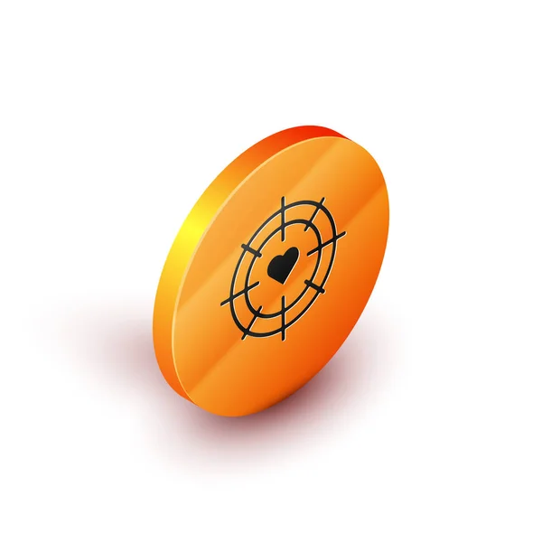 Coração Isométrico no centro de dardos alvo alvo ícone isolado no fundo branco. Dia dos Namorados. Botão laranja círculo. Ilustração vetorial — Vetor de Stock