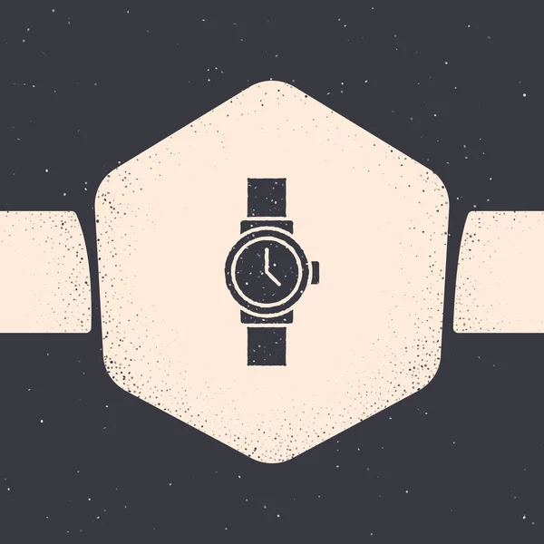 Muñeca Grunge icono del reloj aislado sobre fondo gris. Icono del reloj de pulsera. Dibujo vintage monocromo. Ilustración vectorial — Archivo Imágenes Vectoriales