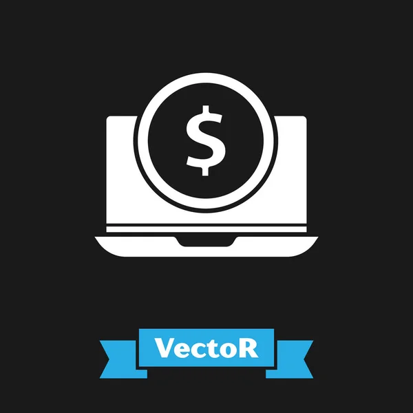 Weißer Laptop mit Dollarsymbol auf schwarzem Hintergrund. Online-Shopping-Konzept. Erträge im Internet, Marketing. Vektorillustration — Stockvektor