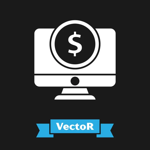 Белый монитор компьютера с символом доллара изолирован на черном фоне. Концепция покупок онлайн. Заработки в интернете, маркетинг. Векторная миграция — стоковый вектор