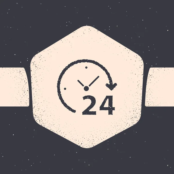 Grunge Clock ikona 24 hodin izolovaná na šedém pozadí. Cyklická ikona celého dne 24hodinový symbol služby. Monochromatický výkres. Vektorová ilustrace — Stockový vektor