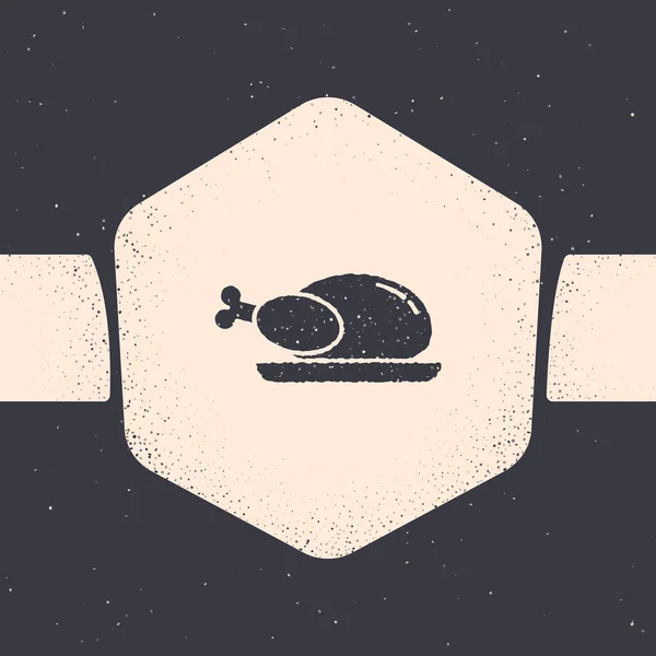 Grunge Pavo asado o pollo icono aislado sobre fondo gris. Dibujo vintage monocromo. Ilustración vectorial — Vector de stock