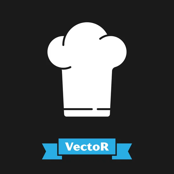 Chef blanco sombrero icono aislado sobre fondo negro. Símbolo de cocina. Sombrero de cocina. Ilustración vectorial — Vector de stock