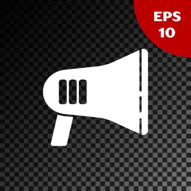 Beyaz megafon simgesi şeffaf koyu arka planda izole. Yüksek sesle konuşma uyarısı kavramı. Ağızlık için Bullhorn çığlık promosyonu. Vektör Illustration