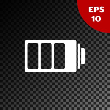 Beyaz pil şarj seviyesi göstergesi simgesi şeffaf koyu arka planda yalıtılmış. Vektör Illustration