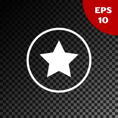Ak Yıldız simgesi, şeffaf karanlık arkaplanda izole edildi. Favori, en iyi derecelendirme, ödül sembolü. Vektör İllüstrasyonu